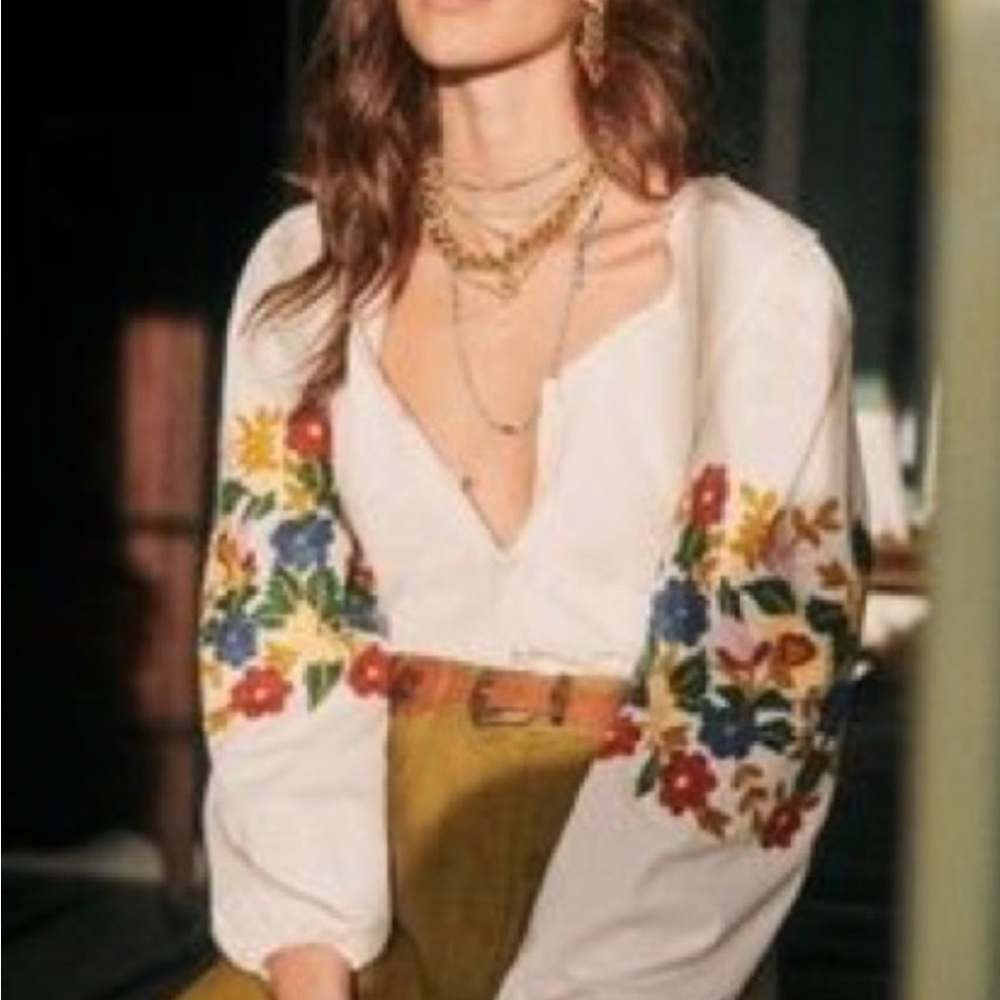 Sezane Reety White Button-Down Blouse with Multicolor Floral Embroidery - Picture 2 of 9